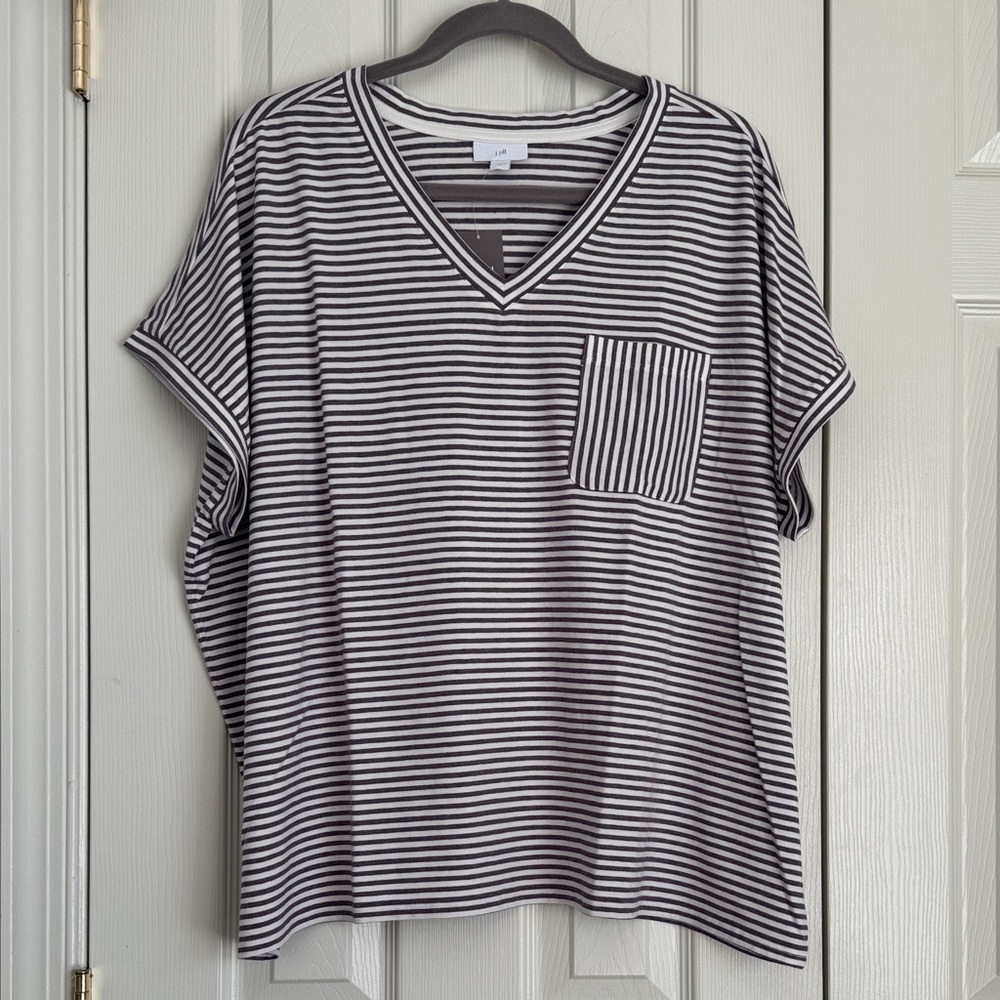 J.Jill Striped V-Neck Tee Violet Cream Pocket Stretch Knit Top - Size XL - NWT